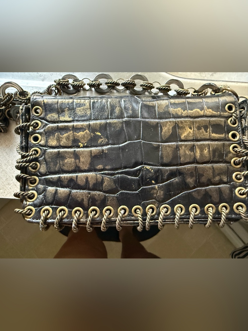 Betsy Johnson Black & Gold Studded Croc-Embossed Bulldog on the front - Picture 4 of 7